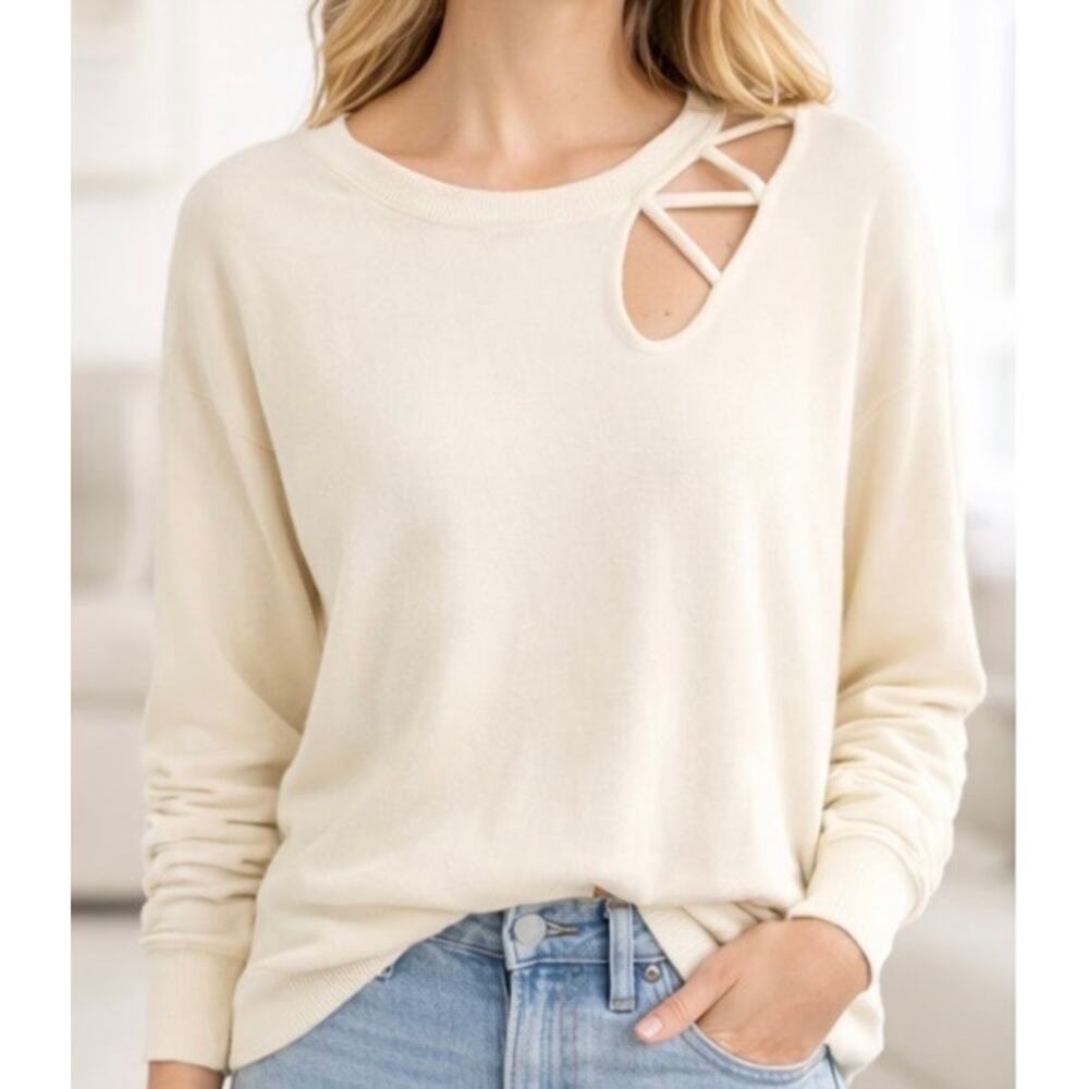 LNA Clothing Small Brushed Sweater Top Ivory Ribbed Keyhole Neck Long Sleeve
